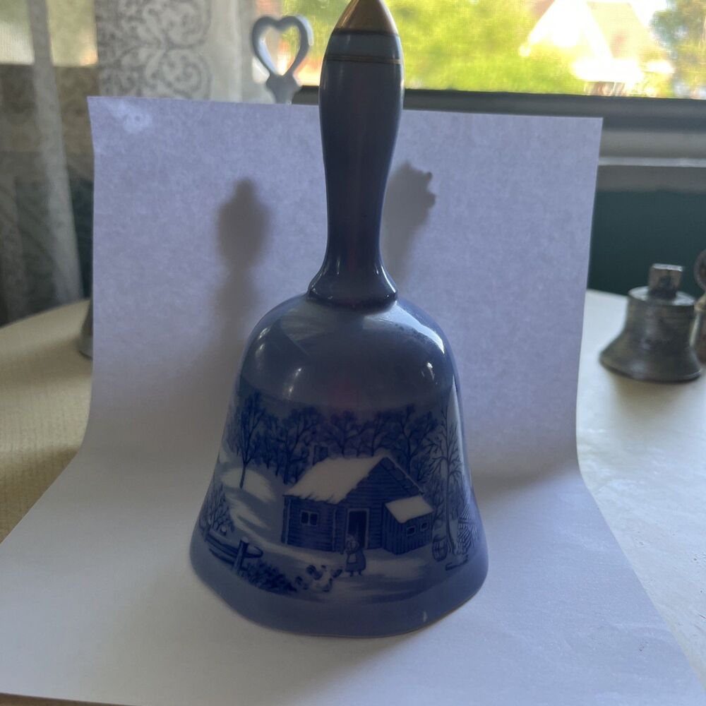 VTG Currier and Ives Blue Porcelain Bell The Old Homestead in Winter blue white
